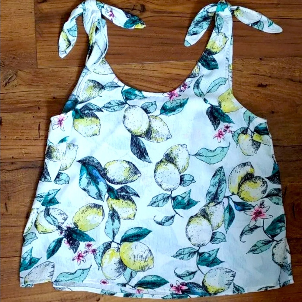 Lemon print Tank Top with Shoulder Ties